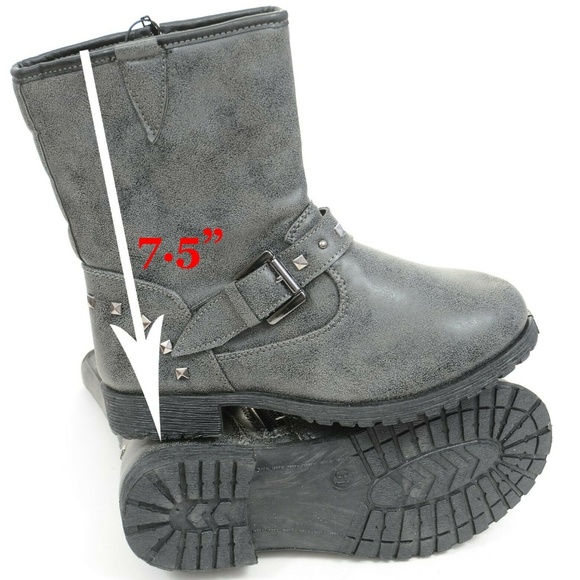 Grey Studded Buckles Combat Boots Girls Zipper - Picture 4 of 4